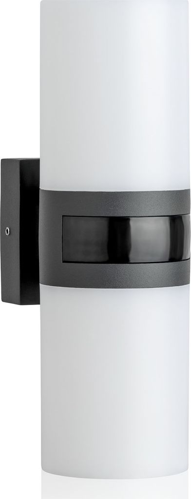 A modern outdoor wall light with a motion sensor.