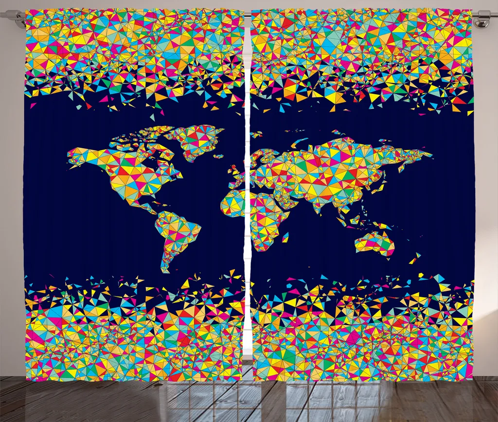 Rideau Décoratif Carte du Monde pour Salon et Bureau 280x175 cm Jaune Bleu