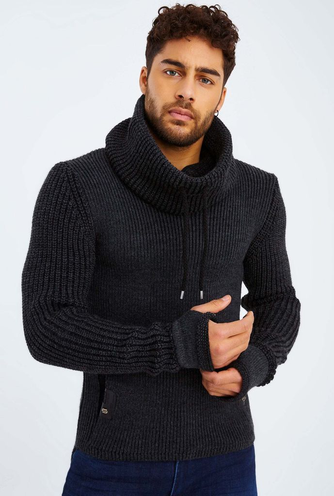 Leif Nelson Schalkragen Herren Strickpullover Grobstrick Schalkragen LN-5060, Anthrazit / XL