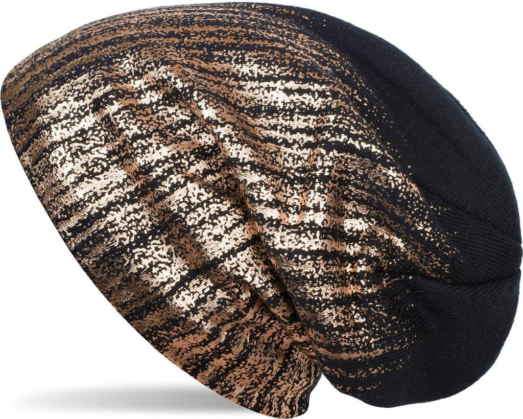 styleBREAKER warme Feinstrick Beanie Mütze mit Metallic Print und Fleece Innenfutter, Slouch Longbeanie, Uni 04024132