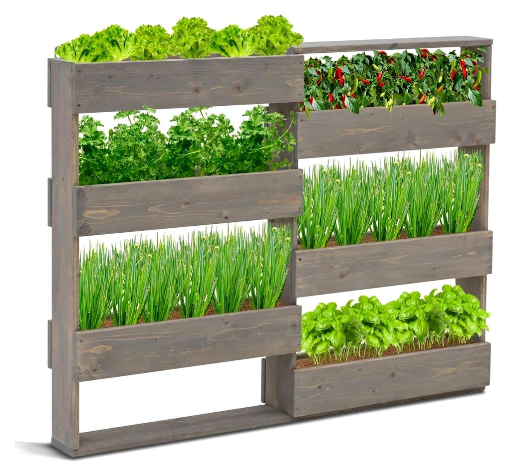 Vertikalbeet Riga Kräuterbeet Holz mit 6 Pflanzkästen für Wandmontage oder freistehend für Kräuter, Blumen, Gemüse Farbe: Grau