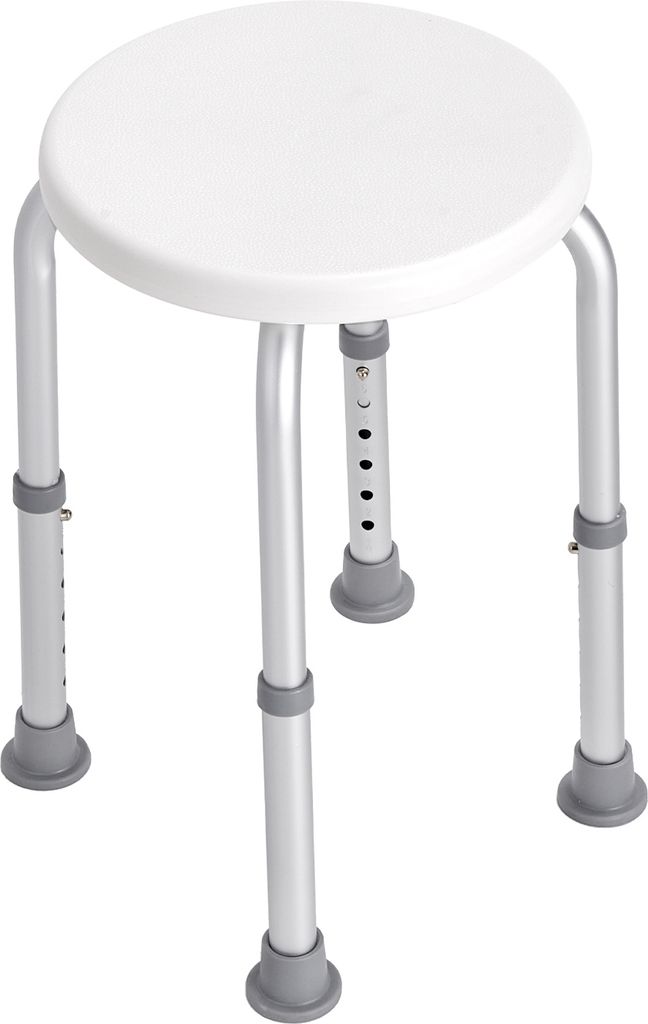 A white, adjustable shower stool with silver legs and gray rubber feet, presented against a white background.