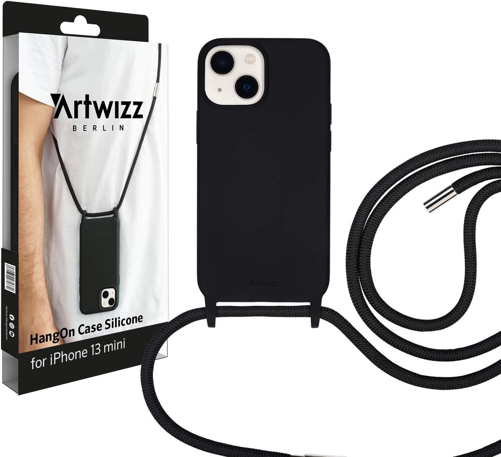 ARTWIZZ HangOn Case Silicone für iPhone 13 mini - Schutzhülle aus Silikon zum Umhängen als Handykette, Black (Schwarz)