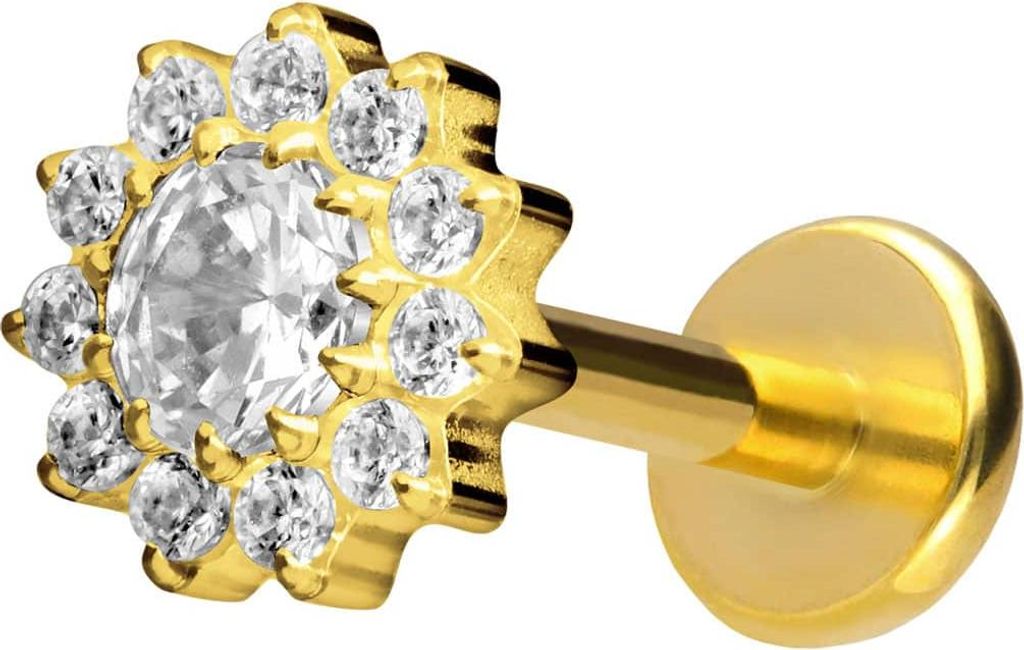 Ohrpiercing, Nasenpiercing Titan Labret mit Push Fit KRISTALLBLUME Gold Stablänge: 9mm | Stabstärke: 1mm