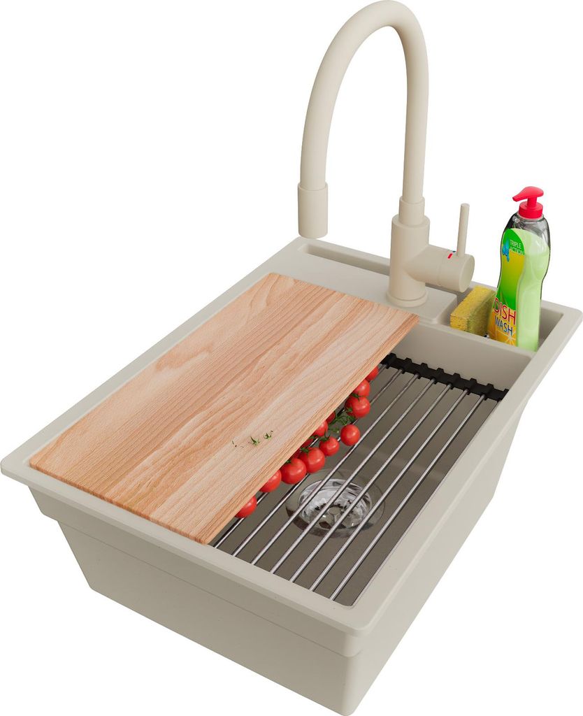 PRIMAGRAN Granitspüle Beige 38x53cm, Spülbecken 1 Becken + Ablauf-Set + Küchenzubehörset, Küchenspüle ab 40er Unterschrank - Oslo Pocket