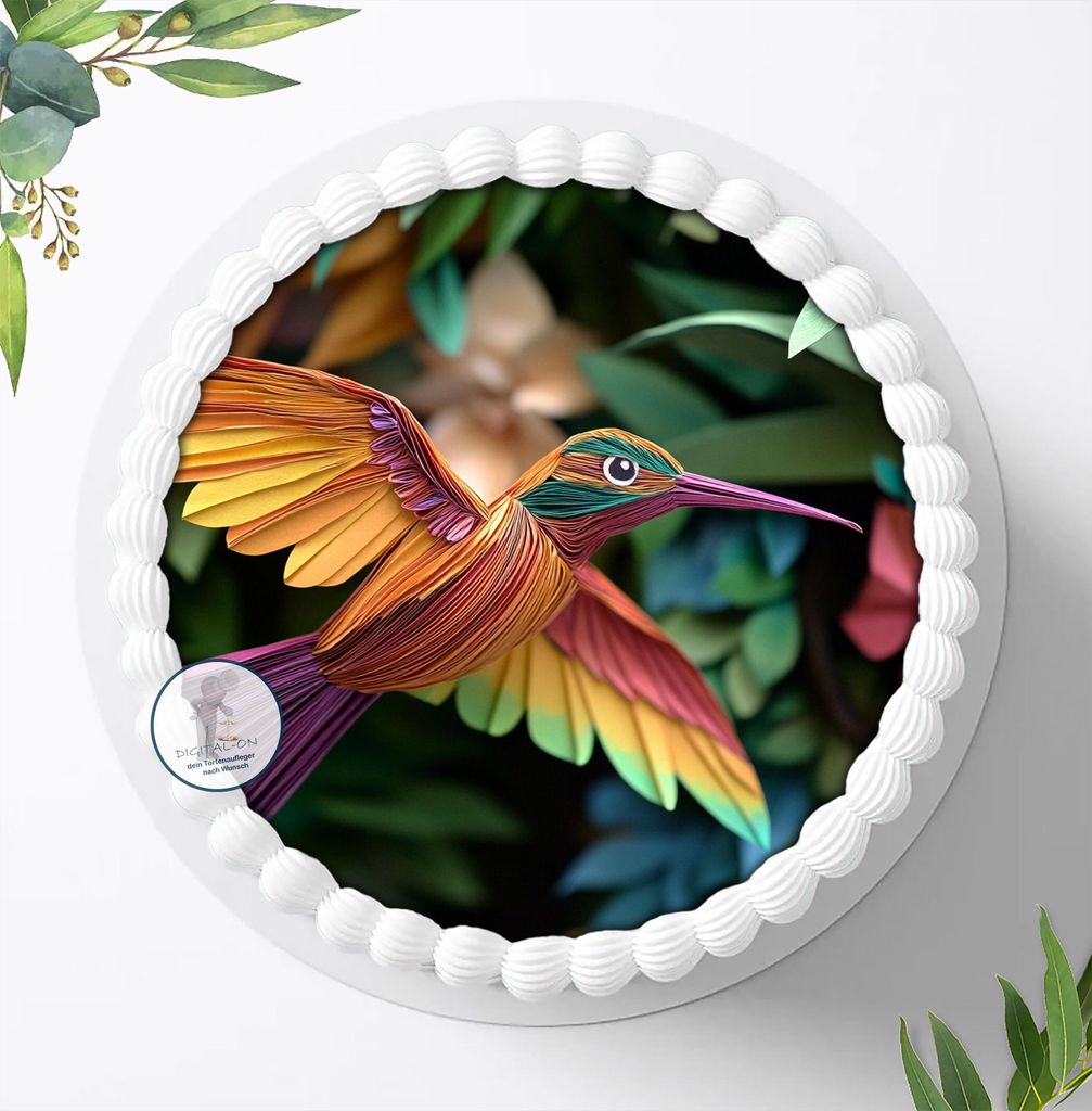 Für die Geburtstags Torte ein Tortenaufleger, Zuckerbild mit dem Motiv: Kolibri, Essbares Foto für Torten, Fondant, Ø 20cm, 2267z