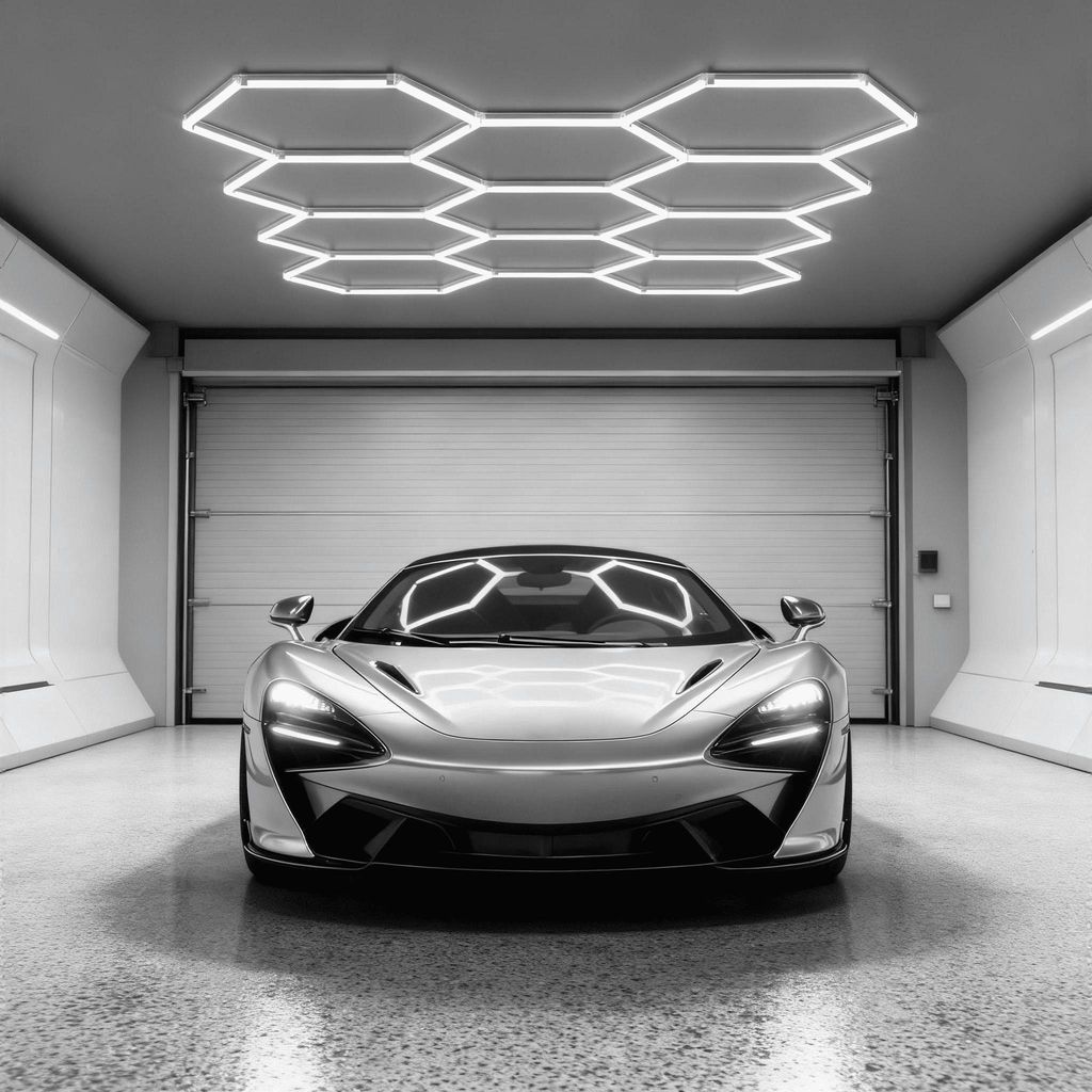 A silver McLaren sports car is parked in a modern garage with hexagonal ceiling lights.