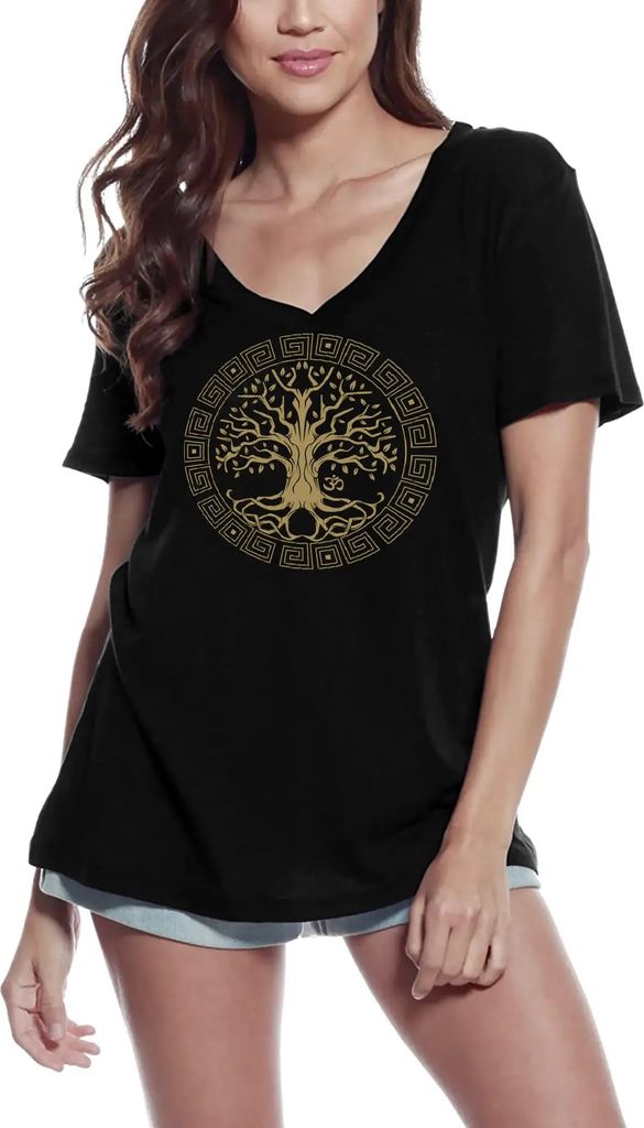 Damen Grafik T-Shirt V-Ausschnitt Baum des spirituellen Yoga Kalligraphie Yoga Frieden – Tree Of Spiritual Yoga Calligraphy Yoga Peace