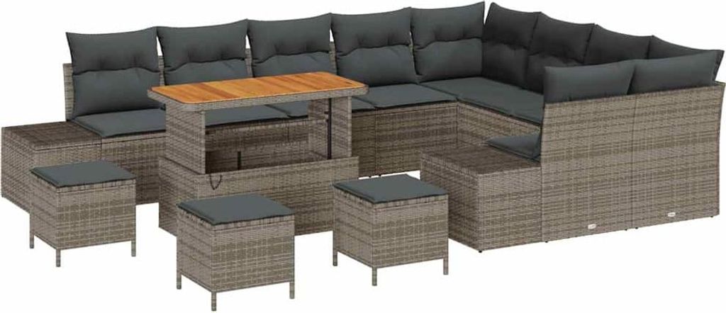 vidaXL Gartensofa-set mit Kissen mit Speicher 13 pcs Grau Poly Rattan