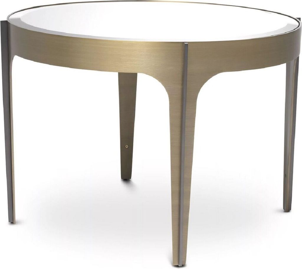 Casa Padrino Luxus Beistelltisch Messing / Bronze Ø 64 x H. 43,5 cm - Runder Edelstahl Tisch mit Spiegelglas Tischplatte - Luxus Wohnzimmer Möbel