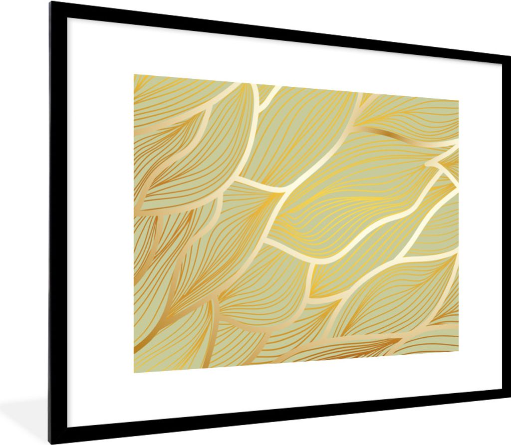 MuchoWow Gerahmtes Poster Goldene Wellen auf grünem Hintergrund 80x60 cm - Poster mit Schwarzem Bilderrahmen Wandposter Rahmen Foto Bilder - Sch...