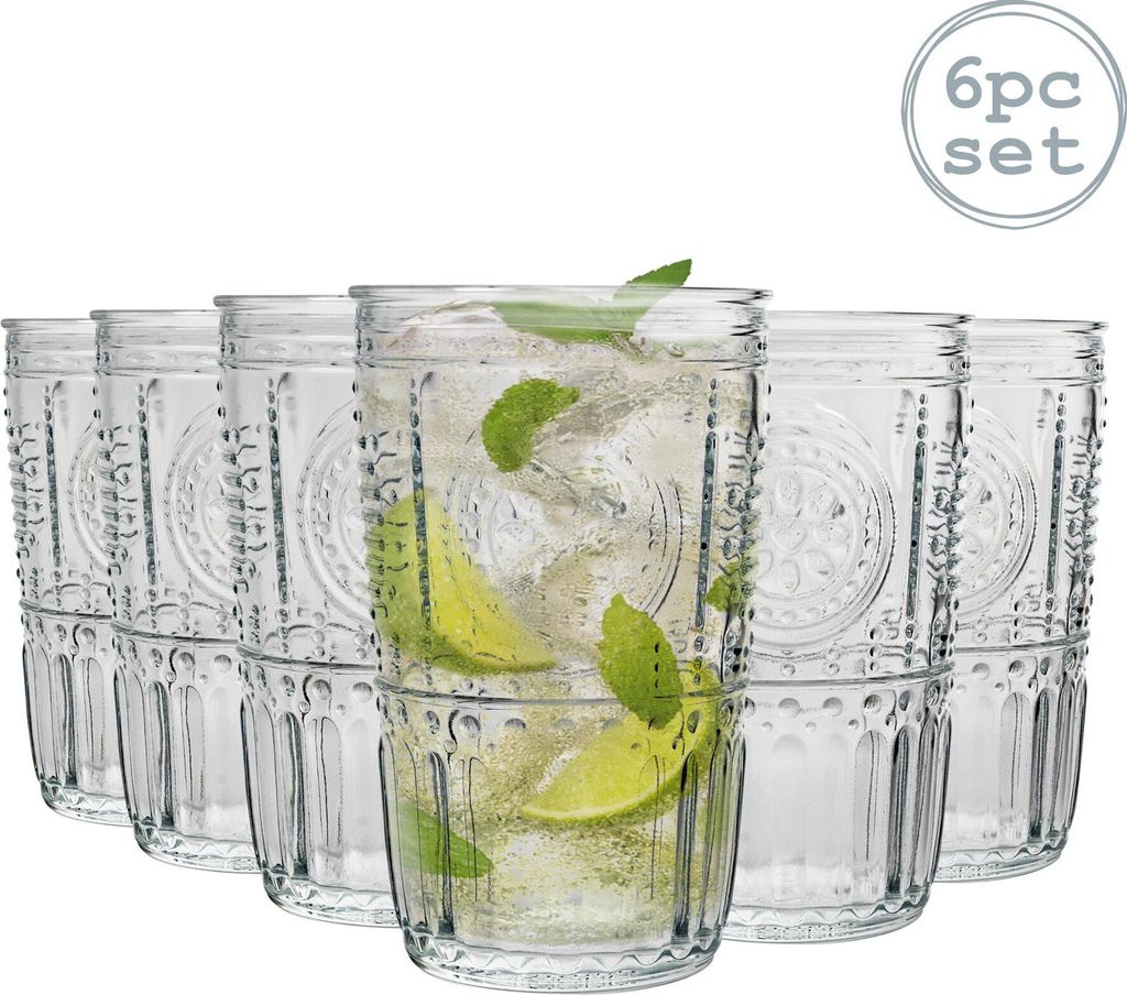 Romantische Bormioli Rocco Highball Gläser Set - Vintage italienische Cut Glas Cocktail Tumblers - 475ml - Packung mit 6