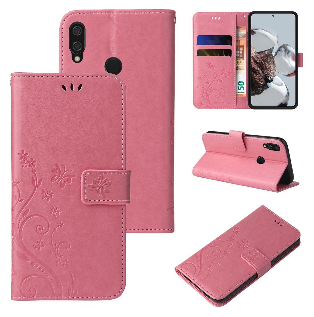 A collage of images showing a pink floral butterfly patterned phone case for a Huawei P20 Lite.
