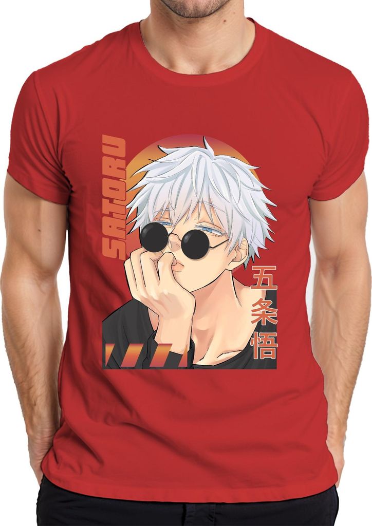Gojo Satoru Jujutsu Kaisen Anime Sonnenbrille Weißhaar Geschenk Herren T-Shirt, Rot, L