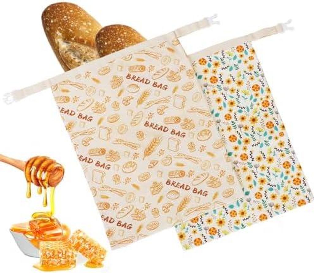 2 Stück wiederverwendbare Bienenwachs-Brotbeutel - Groß 43x33cm zur Lagerung von Sauerteig- und hausgemachtem Brot | Vollkommen natürliche Biene...