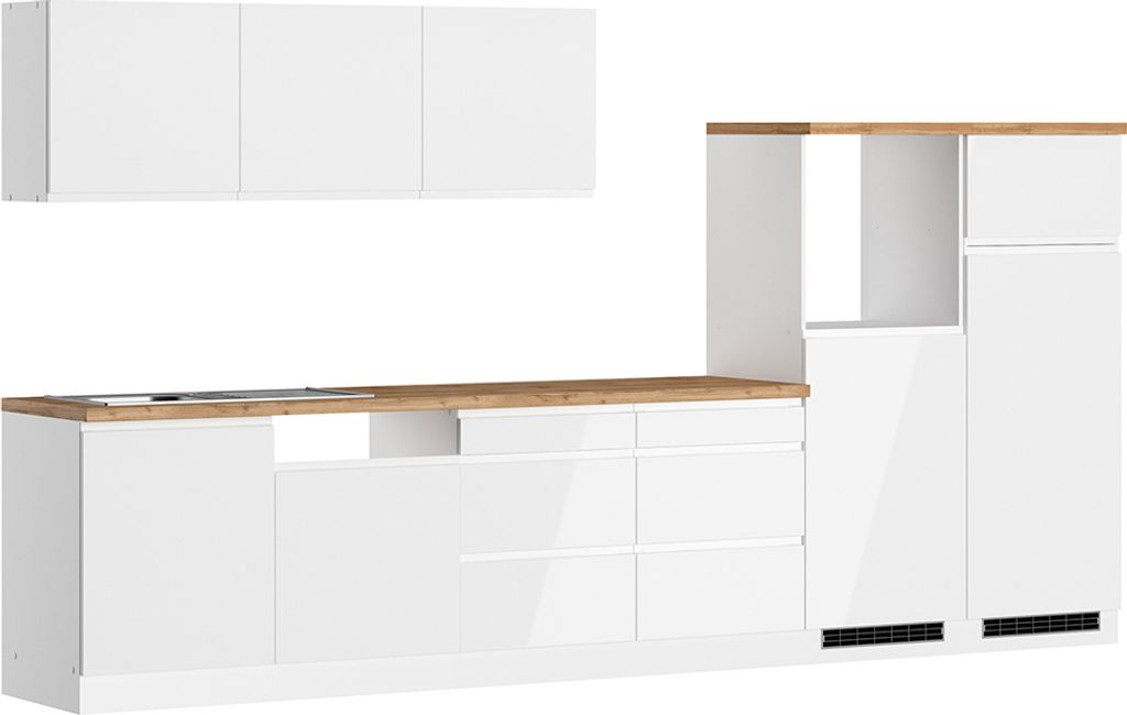 Küchenzeile 360 cm in Hochglanz weiß, Arbeitsplatte Eiche MARSEILLE-03