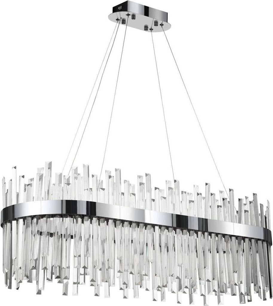 A rectangular chandelier with clear crystal accents hanging from a chrome base.