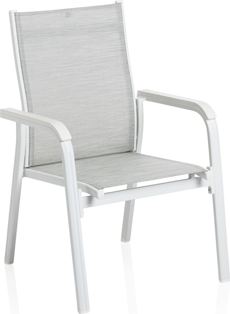 A white outdoor chair with a light gray fabric seat and back.