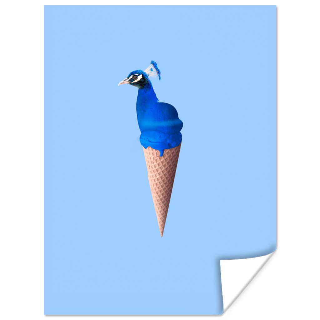 MuchoWow Poster Pfau - Eistüten - Eiscreme - Blau - Vogel 60x80 cm - Schlafzimmer Dekoration