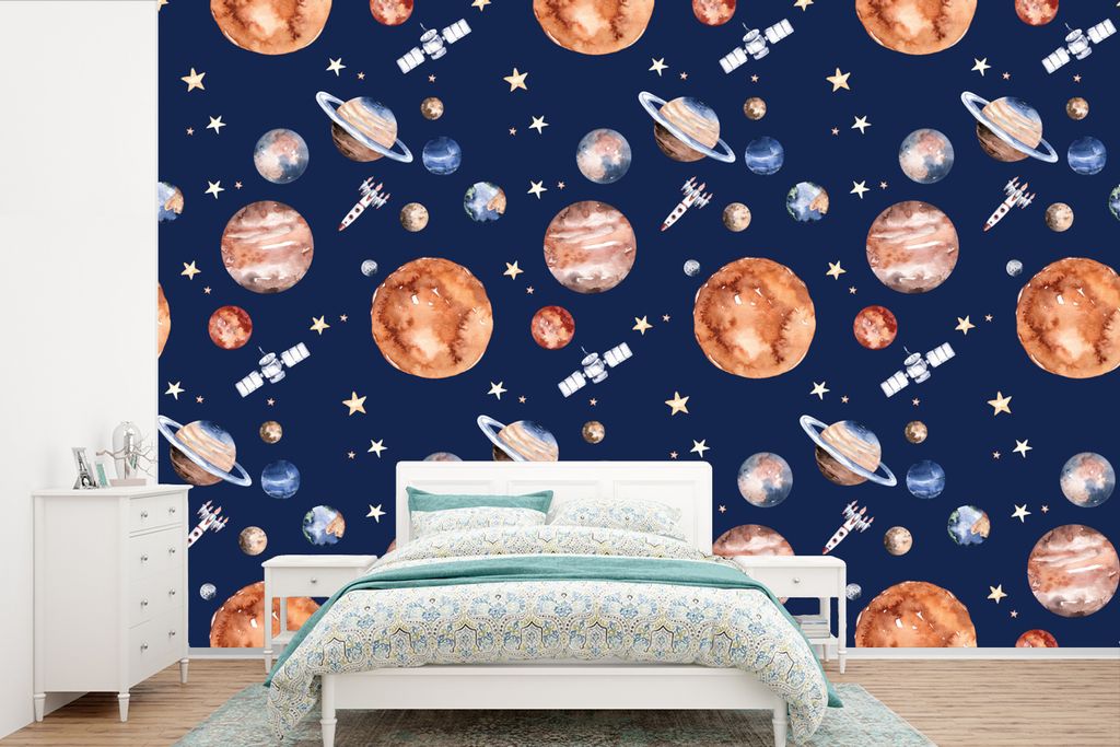 MuchoWow Fototapete für Wohnzimmer oder Schlafzimmer Wandtapete Vinyl Motivtapete Muster - Weltraum - Planeten - Jungen - Mädchen - Kinder - Ki...