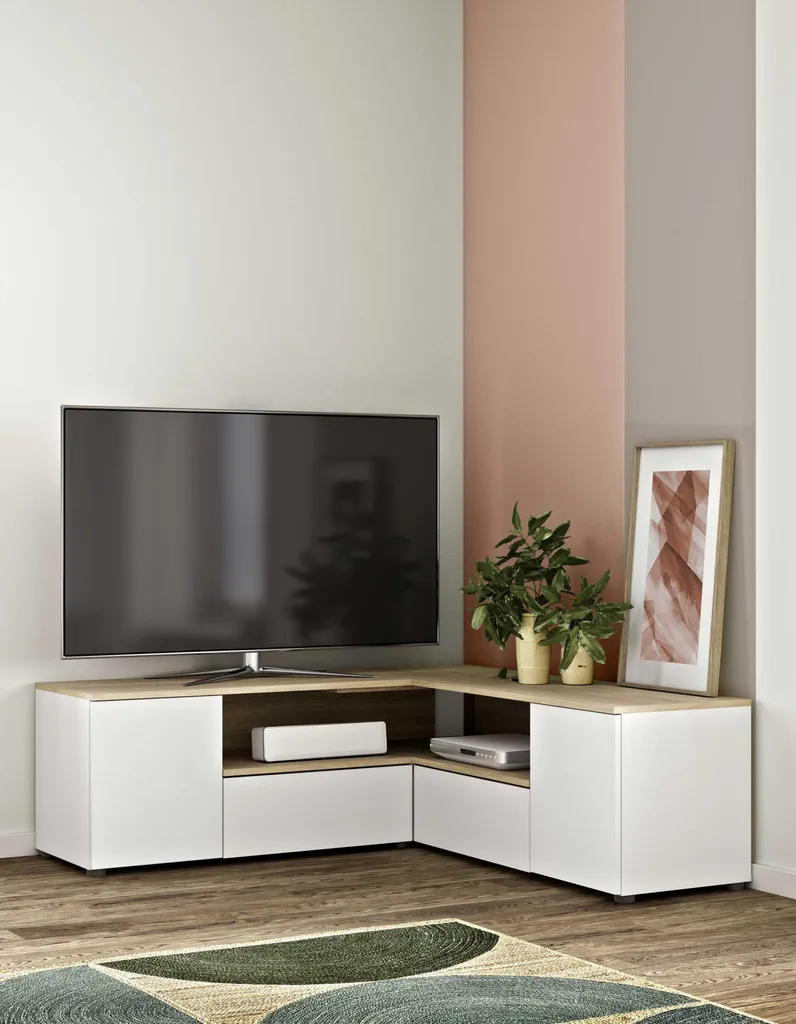 Meuble TV Angle SYMBIOSYS Finition Chêne Naturel et Blanc Mat - 130 cm