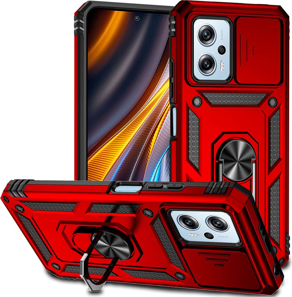 Xiaomi Poco X4 GT Hülle mit Schiebe Kamera Schutz und Ringhalter Ständer Robust Rüstung Schutzhülle für Xiaomi Poco X4 GT 5G Rot