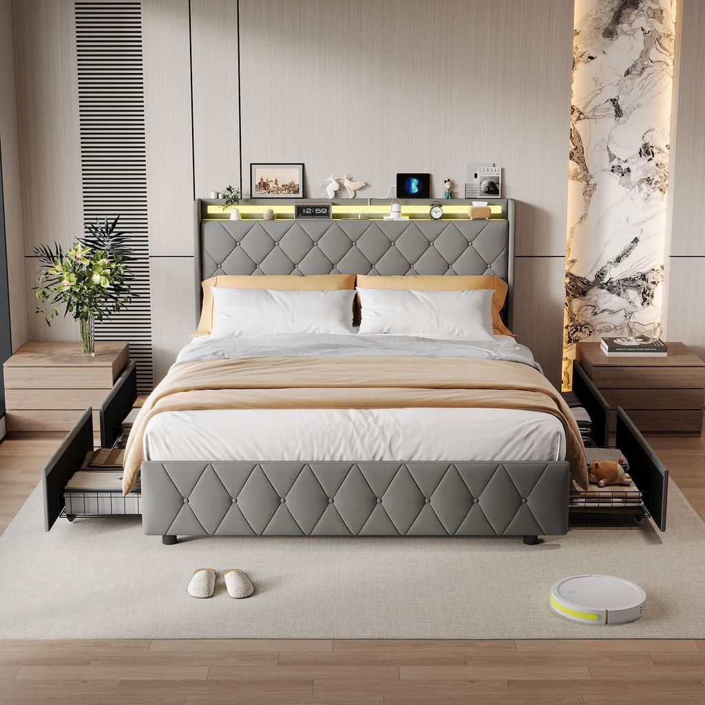 140 x 200 cm großes Bett mit Stauraum, LED-Beleuchtung und USB-Ladeanschluss, gepolstertes Einzelbett mit 4 Schubladen, Lattenrost, Samtbezug, Grau