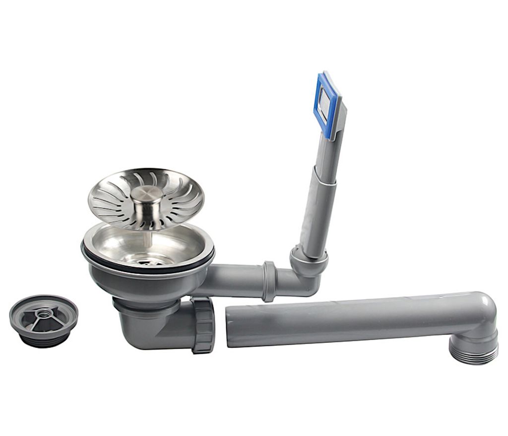 A sink drain and overflow assembly kit against a white background.