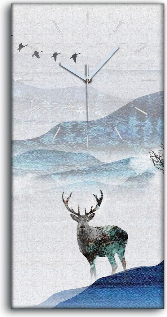 Dekor Leinwand Uhr Wandbilder 30x60 Gemälde Asiatisches Boot Hirsch Berge Bäume - weiße Hände