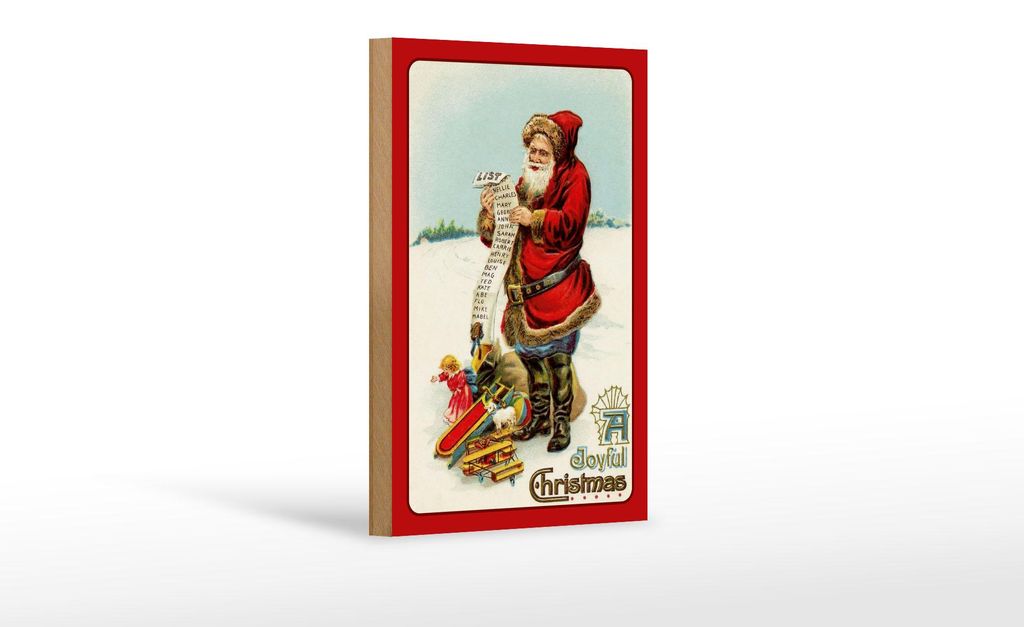 Holzschild Weihnachten Santa Claus Geschenke Schnee 12x18 cm