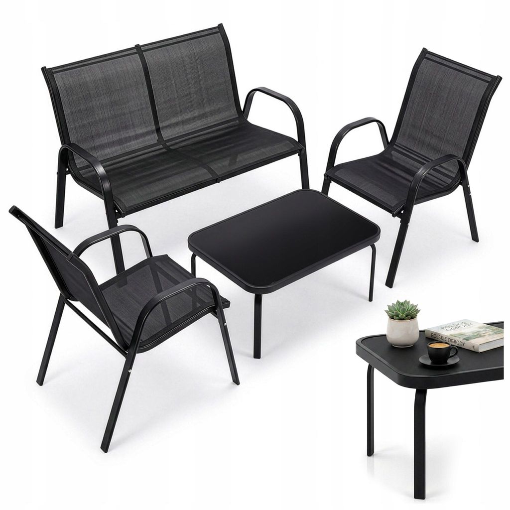 Gartenmöbel Set für 4 Personen – Sofa, 2 Sessel und Tisch – robustes Metallgestell mit Textilene-Bezug – ideal für Terrasse, Balkon und Ga...