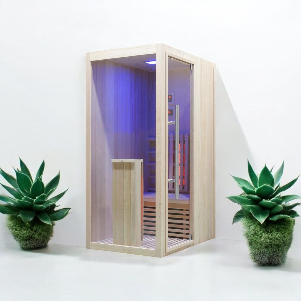 Infrarotkabine WELCON Easytherm Solo - Sauna für eine Person - Tür bei Draufsicht in die rechte Seitenwand integriert (wie Abbildung)