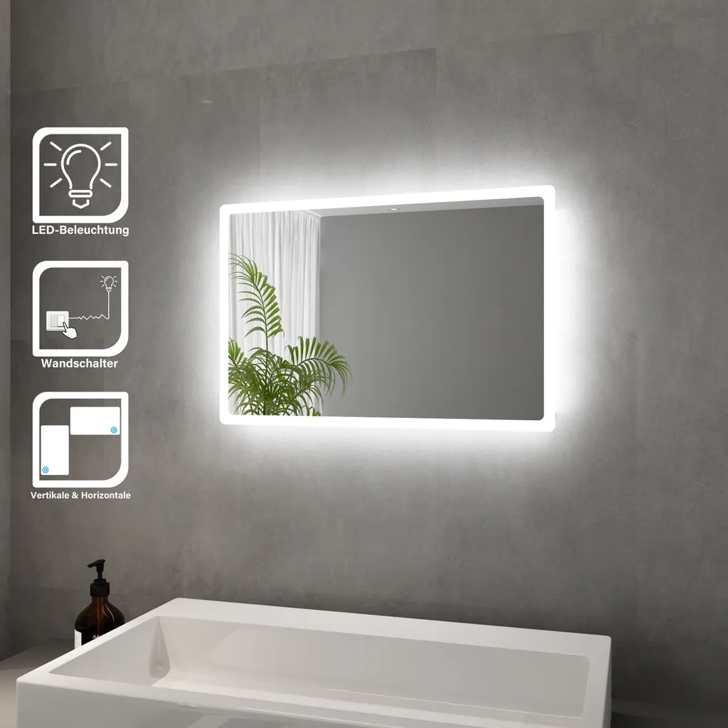 Miroir de Bain LED Économe 60x40 cm Sans Cuivre avec Bordure Sablée