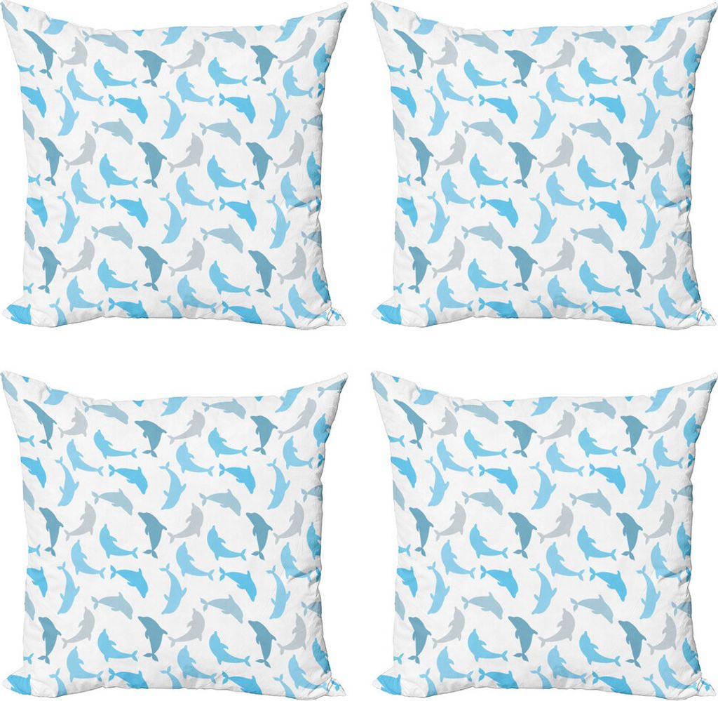 ABAKUHAUS Meerestiere Kissenbezug Set (4 Stück), Jumping Dolphin, Moderner Doppelseitiger Digitaldruck, 45 cm x 45 cm, Weiß, Blau, Grau