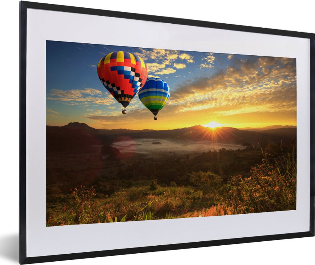 MuchoWow MuchoWow Gerahmtes Poster Heißluftballon - Sonne - Wolken 60x40 cm - Poster mit zchwarzem Bilderrahmen - Schlafzimmer - Plakat in Rah...
