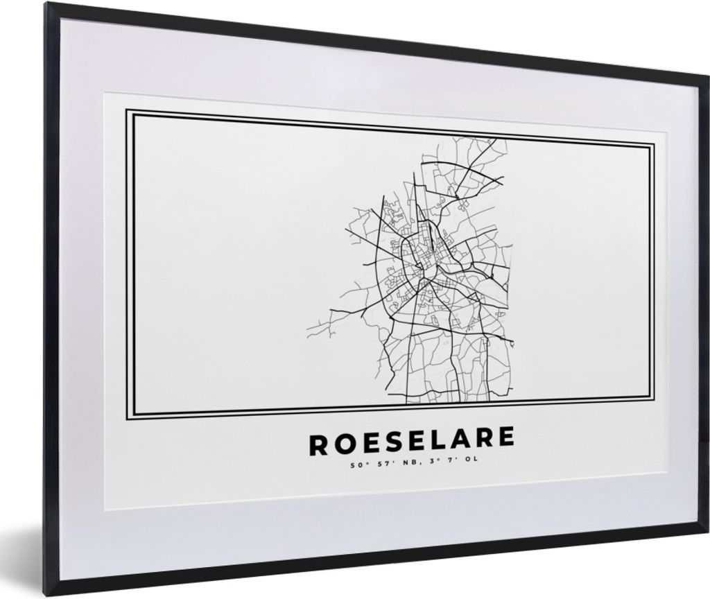 MuchoWow Gerahmtes Poster Karte - Stadtplan - Roeselare - Belgien - Schwarz und weiß 60x40 cm - Poster mit Schwarzem Bilderrahmen Wandposter Rah...
