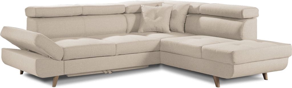 Best Möbel Linea - Ecksofa rechts mit Schlaffunktion - 5 Sitzplätze - mit Kopfstützen , Beige