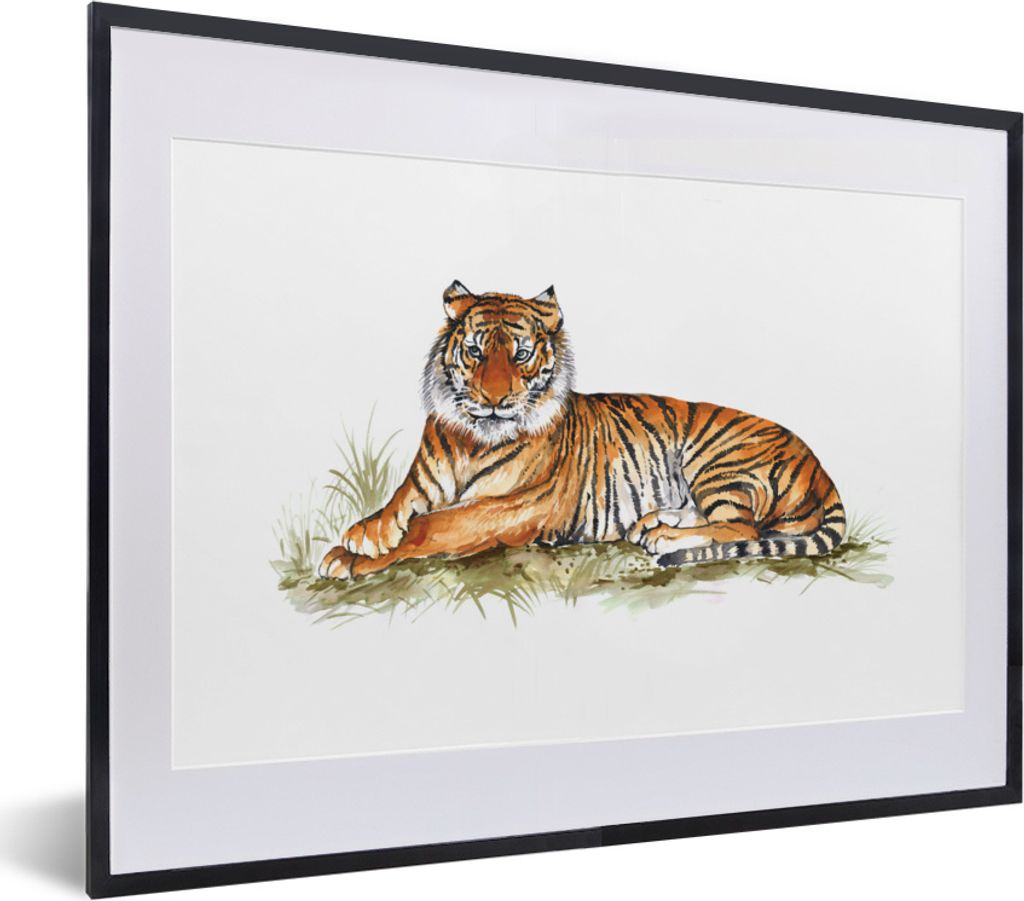 MuchoWow MuchoWow Gerahmtes Poster Tiger - Gemälde - Orange 40x30 cm - Poster mit zchwarzem Bilderrahmen - Bilderrahmen - Poster im Rahmen