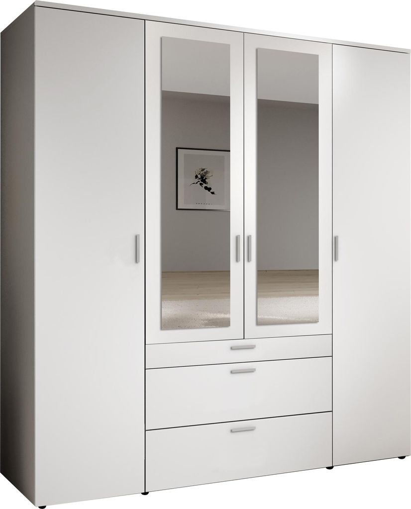 Drehtürenschrank >Vesala< 4 Türen, 3 Schübe, Weiß / Spiegel - 180x195x56cm (BxHxT)