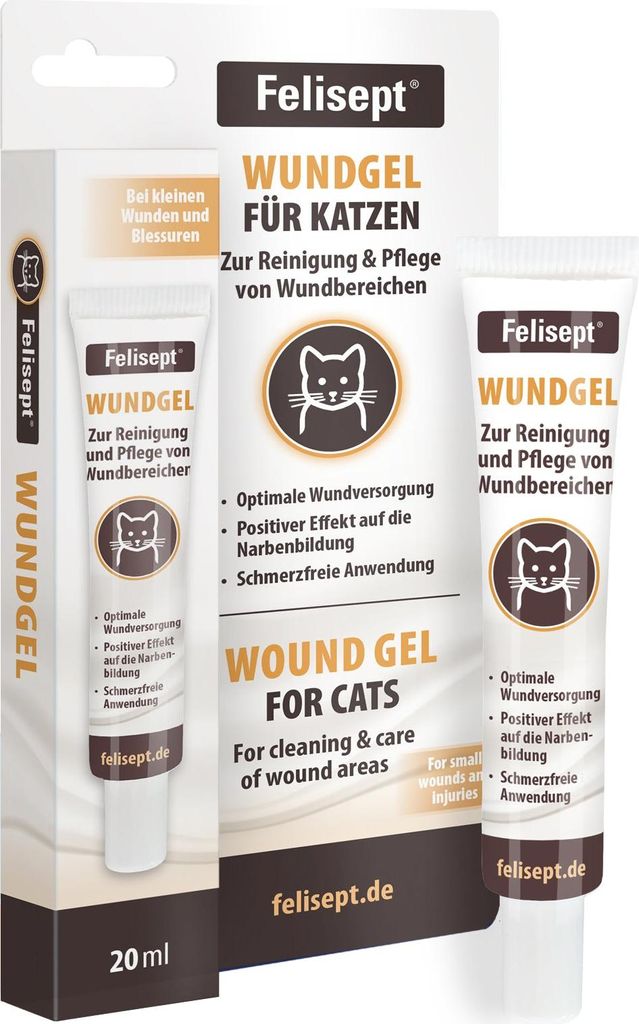 A product shot of a box containing two tubes of wound gel for cats, with one tube prominently displayed in the foreground.