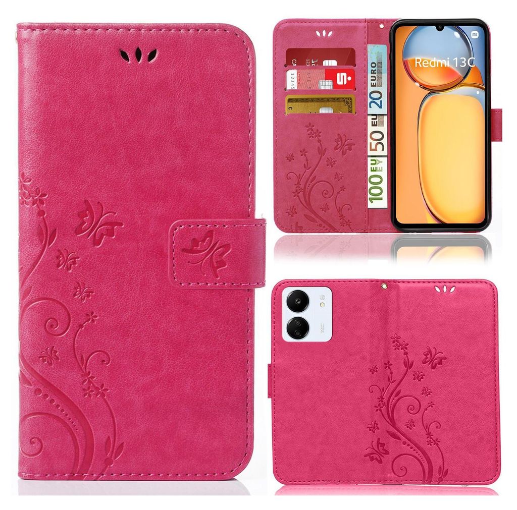A collage of images showing a pink phone case with a floral and butterfly design, displayed in different configurations.