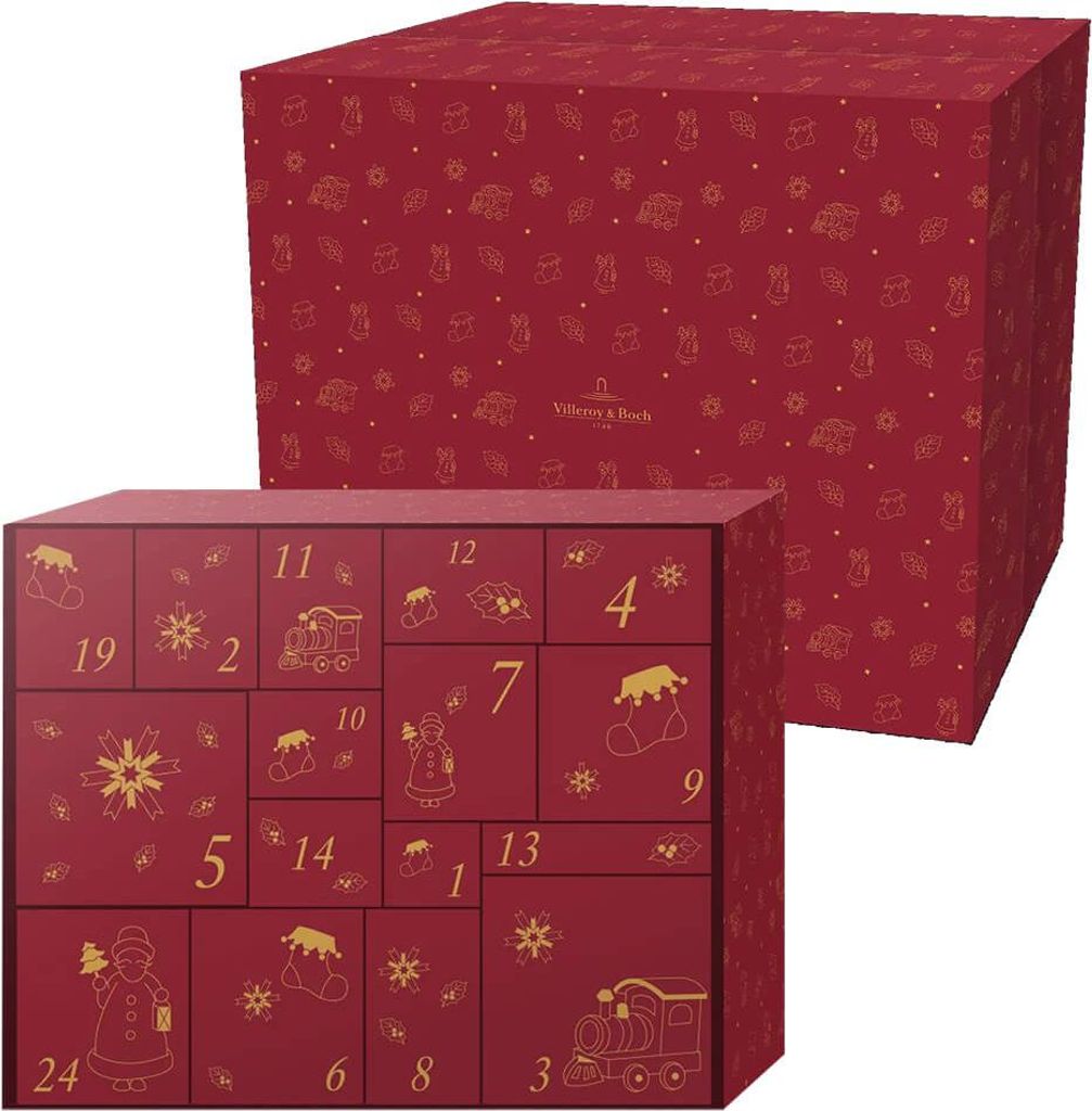 A red advent calendar with gold Christmas-themed illustrations and numbers on its doors, with a matching lid box behind it.