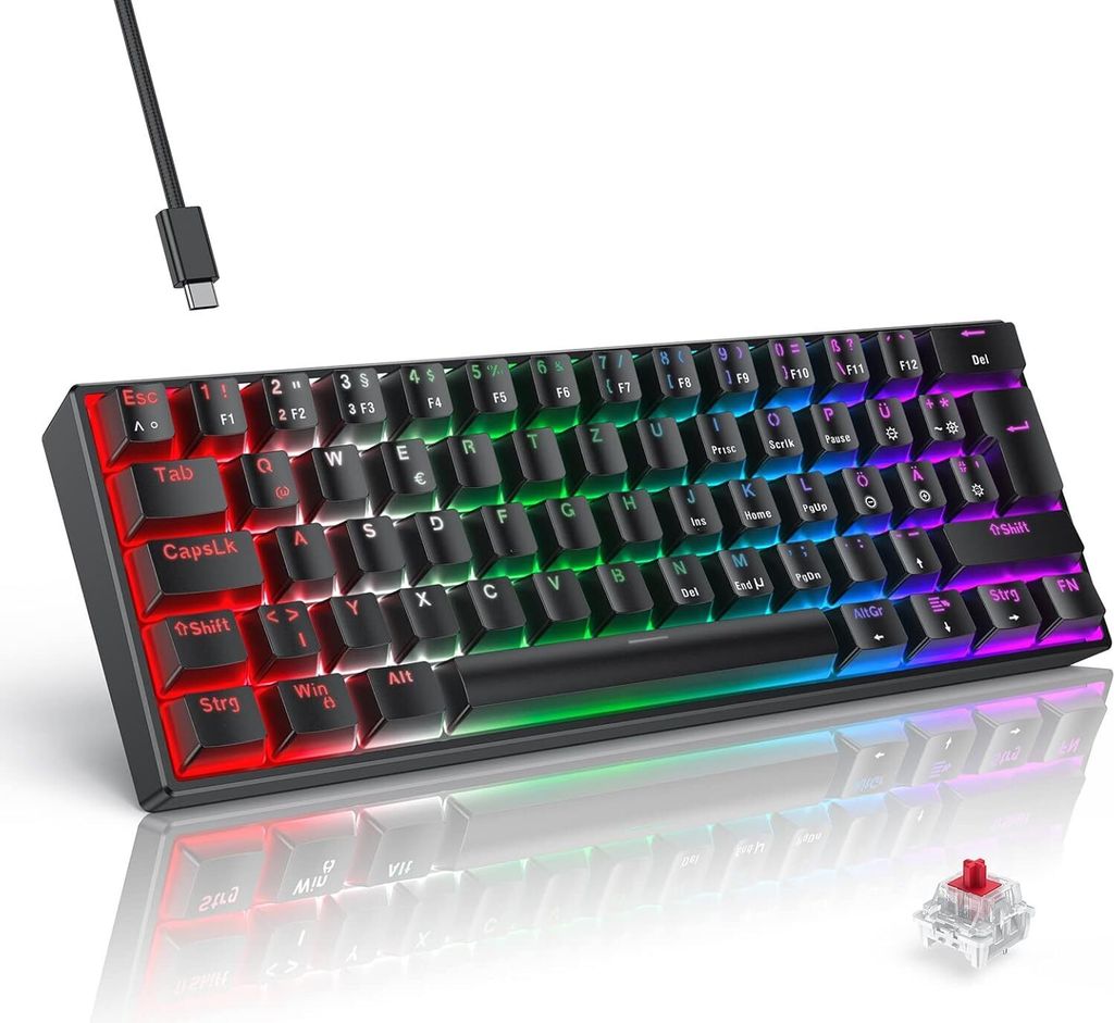 Gaming Tastatur, Mechanische Tastatur 60 Prozent QWERTZ Rote Schalter für PC Gamer und Arbeits, 61 Tasten Kabelgebundene Tastatur für PC Windows/PS5