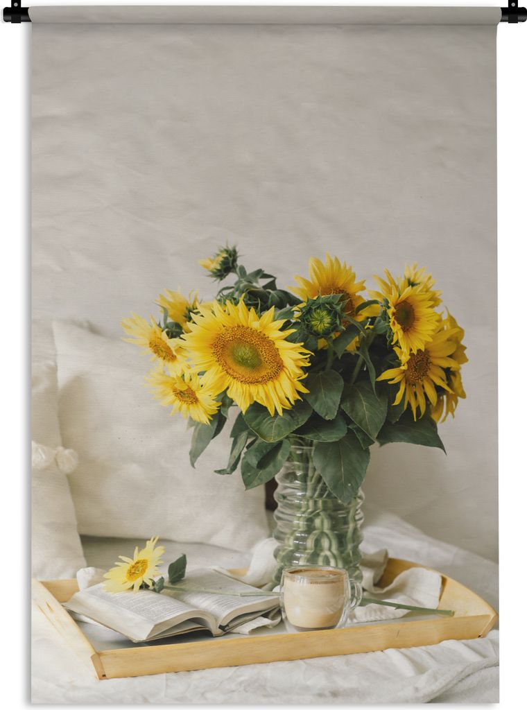 MuchoWow Wandteppich Wandbehang Stilleben - Tablett - Sonnenblumen 120x180 cm Tapisserie Dekoration Wandtuch - Schlafzimmer - Dekorationen für d...