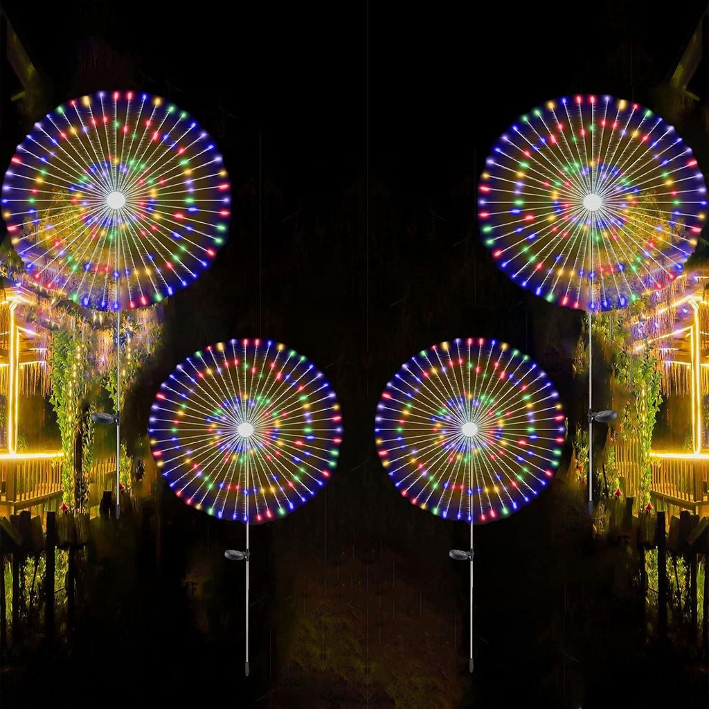 Set mit 4 Solar-Feuerwerkslichtern, insgesamt 120 LEDs, 40 Kupferdrähte, für Einfahrt/Garten/Weihnachten, mehrfarbig.