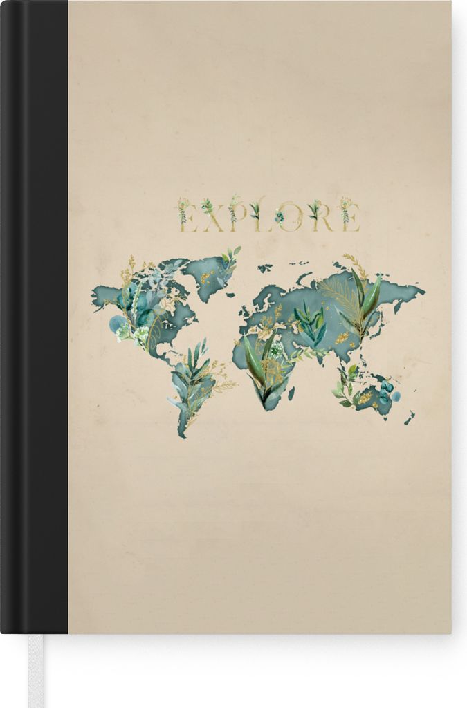 MuchoWow Notizbuch Tagebuch Haushaltsbuch Notebook A5 Weltkarte - Türkis - Pflanzen - Notizblock - Notizheft - Notebook - Schreibblock - Papier