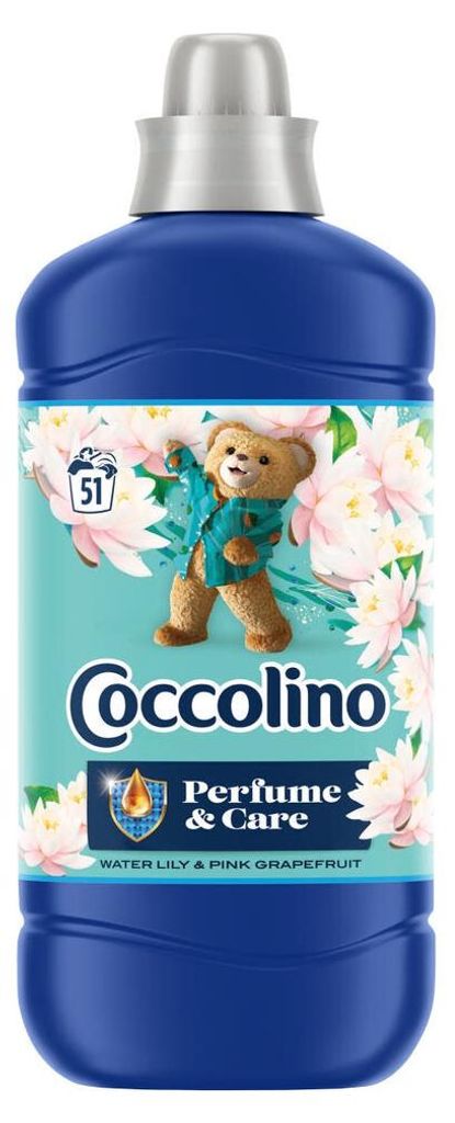 A bottle of Coccolino fabric softener with a teddy bear graphic and floral elements.