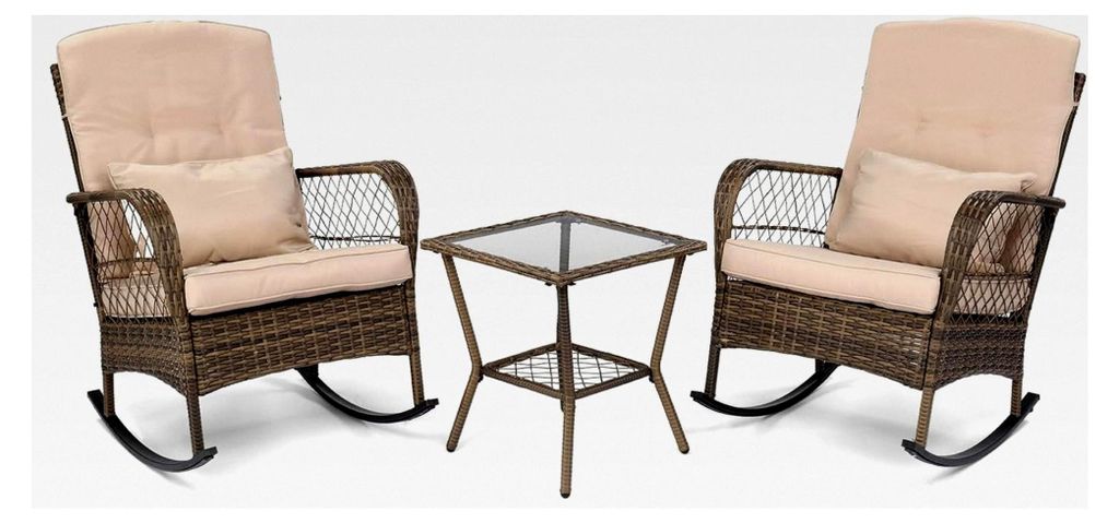 Gartenmöbel Set für 2 Personen, Polyrattan Balkonmöbel 3-teilig, wetterfest, komfortabel, 2 Schaukelstühle und Tisch, für Garten, Balkon, Terr...
