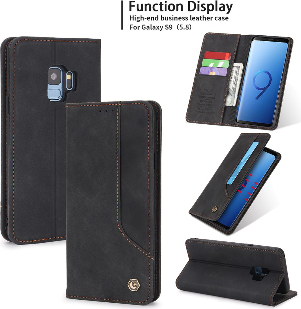 Galaxy S9 Hülle, LaimTop Retro Kunstledertasche Schutzhülle mit Kartenfach Standfunktion für Samsung Galaxy S9 Schwarz