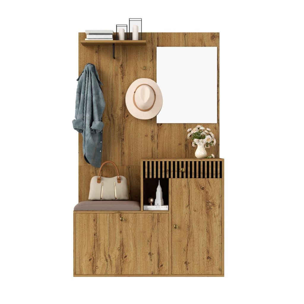 Garderobenset,Kompaktgarderobe,Flurgarderobe mit Spiegel und Polsterkissen,Flurschrank,Wohnwand,Regal,Flur-und Dielengarderobenpaneele,Schuhschrank